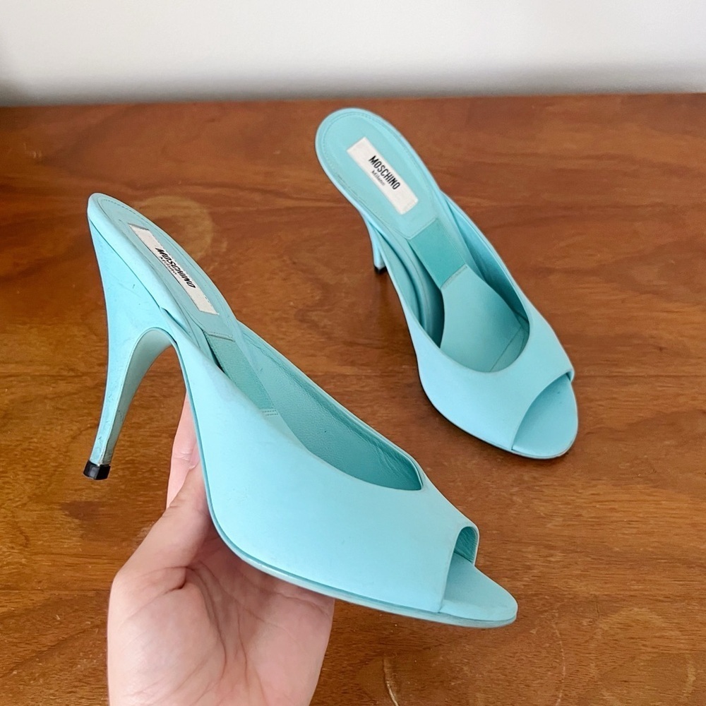 MOSCHINO x Barbie • turquoise stiletto mules heels sandals peep toe